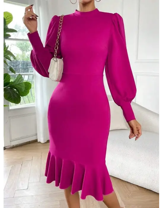 Omarı Etek Ucu Fırfır Detaylı Midi Krep Elbise