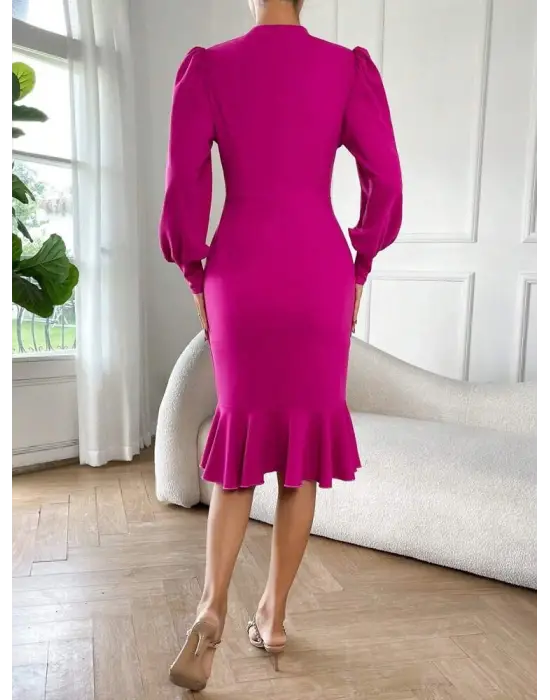 Omarı Etek Ucu Fırfır Detaylı Midi Krep Elbise