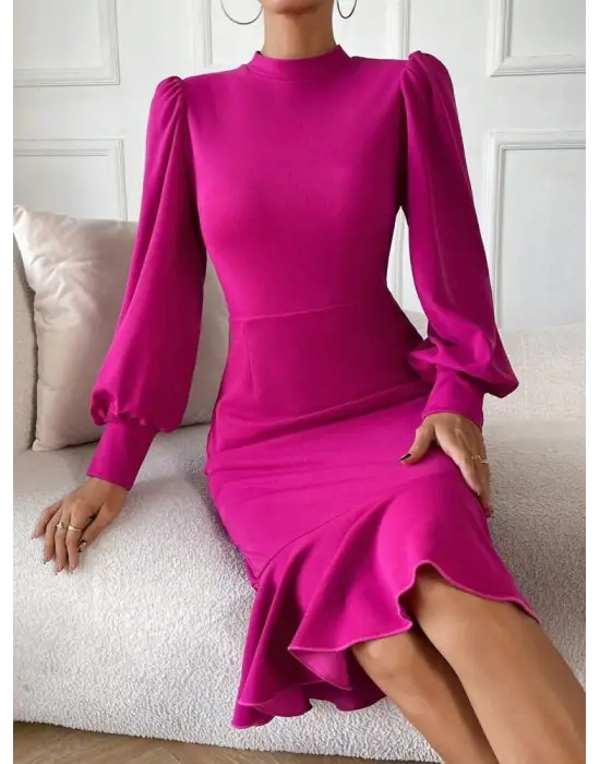 Omarı Etek Ucu Fırfır Detaylı Midi Krep Elbise