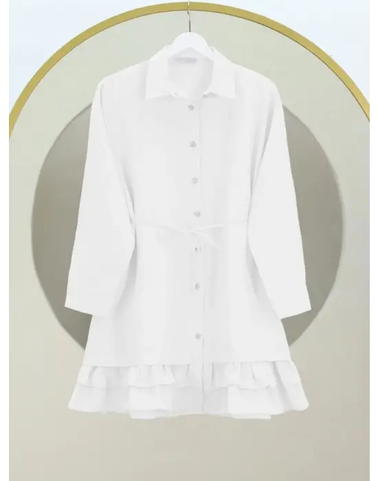 Omarı Şık Fırfırlı Poplin Tunik - Beyaz