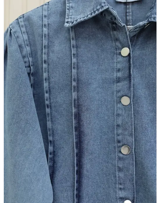 Etek Ucu Volanlı Düğmeli Ceketli Kot Takım -Buz Mavi