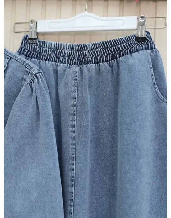 Omarı Düğmeli Kot Takım - Buz Mavi Etek Ucu Volanlı