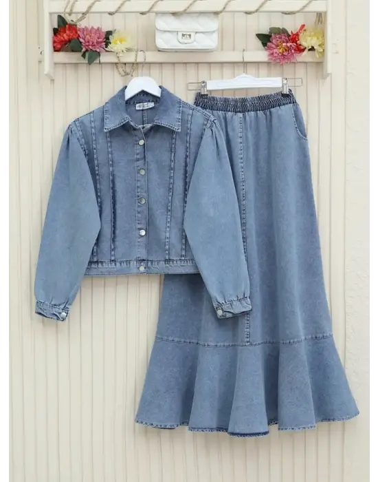 Omarı Düğmeli Kot Takım - Buz Mavi Etek Ucu Volanlı