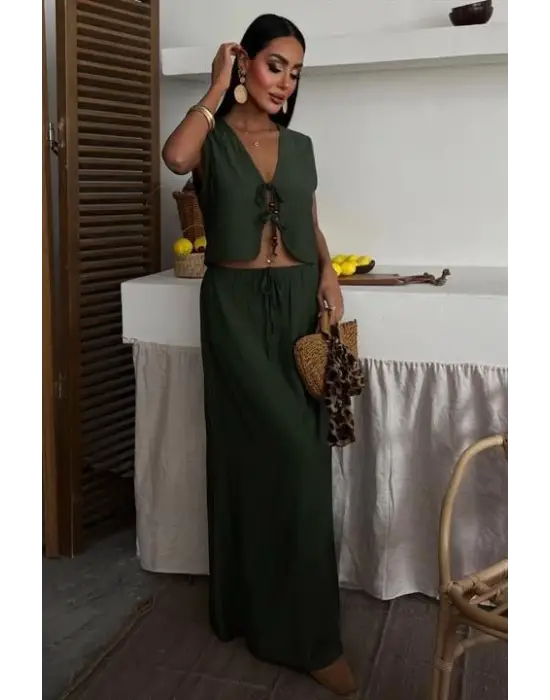 Omarı Önden Bağlamalı Uzun Etekli Yelek Takımı