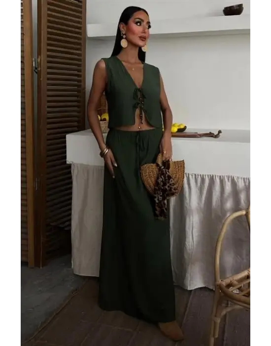 Omarı Önden Bağlamalı Uzun Etekli Yelek Takımı