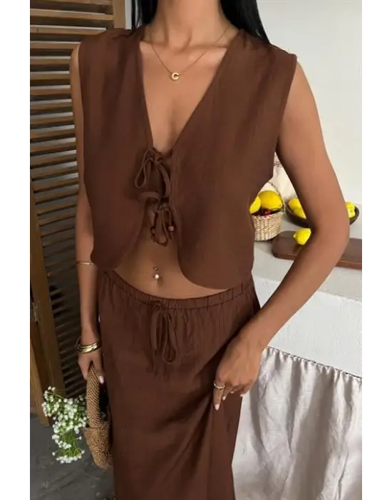 Omarı Dantel Detaylı Uzun Etekli Yelek Takımı