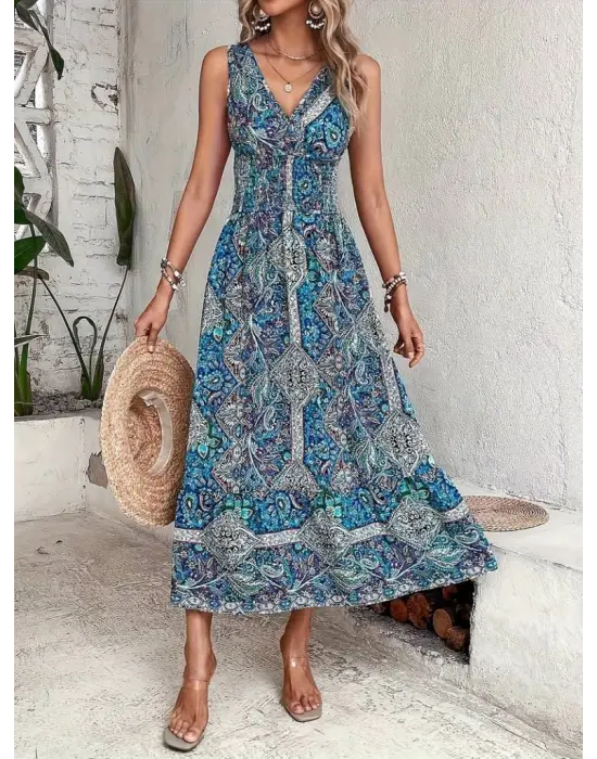 Omarı Etnik Desenli Beli Gipeli Süprem Elbise