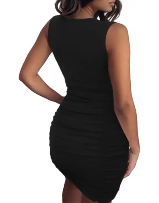 Omarı Lazer Detaylı Bisiklet Yaka Kısa Elbise