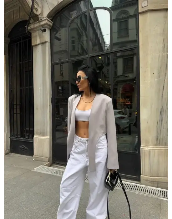 Omarı Gri Kuyruklu Crop Ceket - Trend