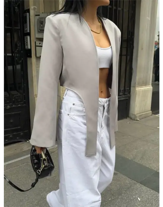 Omarı Gri Kuyruklu Crop Ceket - Trend