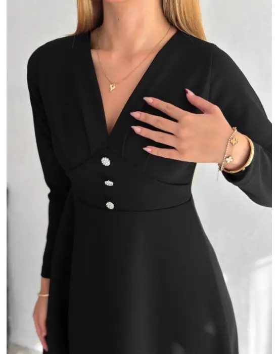 Omarı Şık Kadın Krep Kumaş V Yaka Elbise