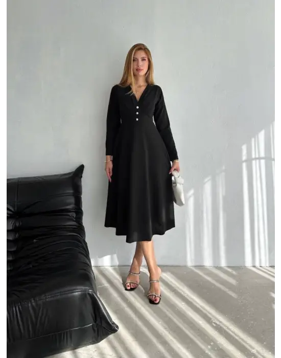 Omarı Şık Kadın Krep Kumaş V Yaka Elbise