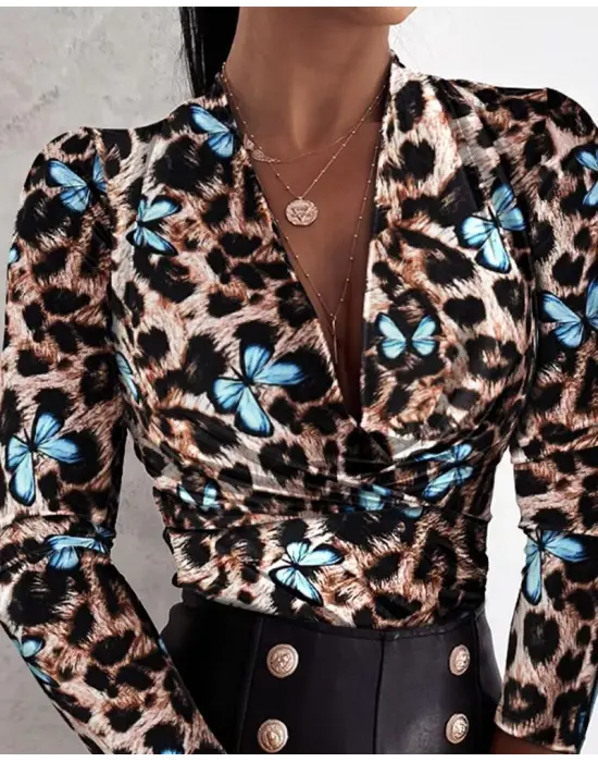 Omarı Etkileyici Kelebek Desenli Uzun Kollu Bluz