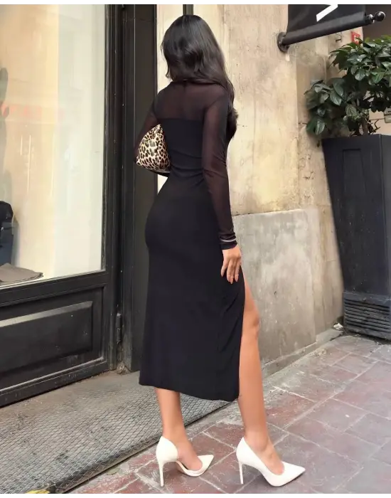 Omarı Şık Kadın Midi Boy Yırtmaçlı Elbise