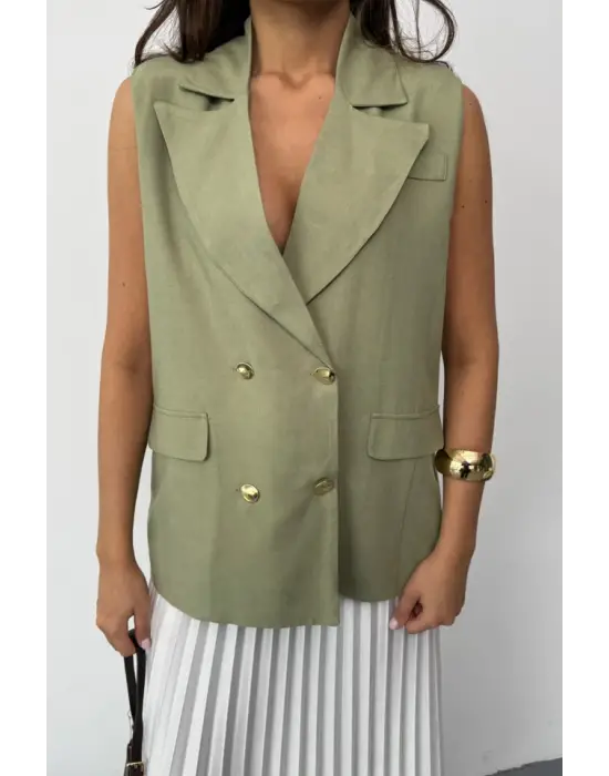 Omarı Yeşil Keten Yelek - Gold Düğmeli Elegan Şıklık
