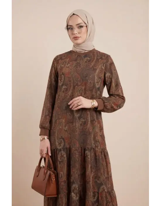 Etnik Desen Eteği Parçalı Astarlı Şifon Elbise  -Açık Kahve