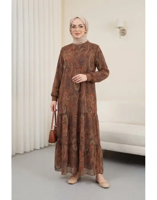 Etnik Desen Eteği Parçalı Astarlı Şifon Elbise  -Açık Kahve
