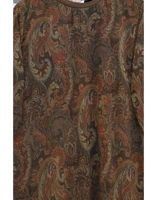 Etnik Desen Eteği Parçalı Astarlı Şifon Elbise  -Açık Kahve