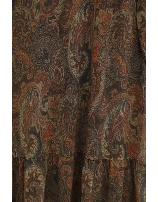 Etnik Desen Eteği Parçalı Astarlı Şifon Elbise  -Açık Kahve