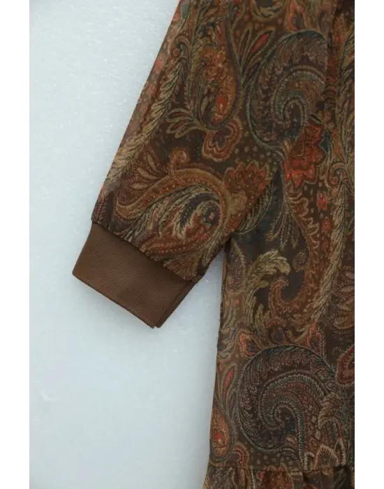 Etnik Desen Eteği Parçalı Astarlı Şifon Elbise  -Açık Kahve