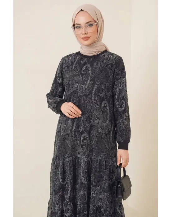 Etnik Desen Eteği Parçalı Astarlı Şifon Elbise  -Antrasit