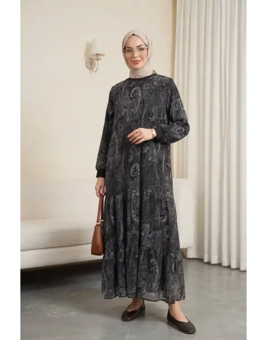 Etnik Desen Eteği Parçalı Astarlı Şifon Elbise  -Antrasit