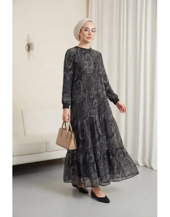 Etnik Desen Eteği Parçalı Astarlı Şifon Elbise  -Antrasit