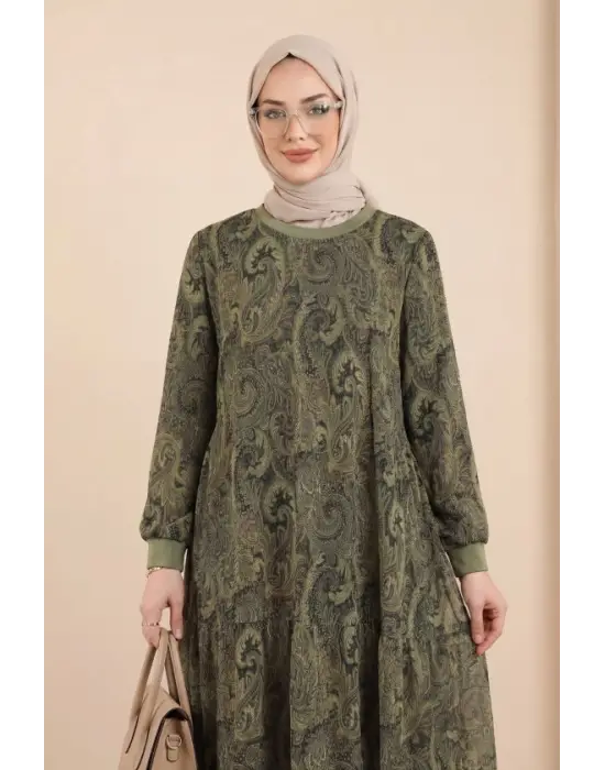 Etnik Desen Eteği Parçalı Astarlı Şifon Elbise    -Haki