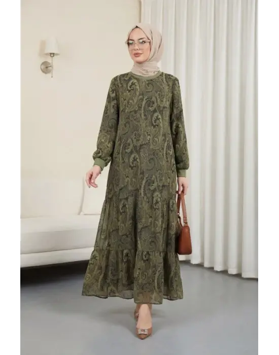 Etnik Desen Eteği Parçalı Astarlı Şifon Elbise    -Haki