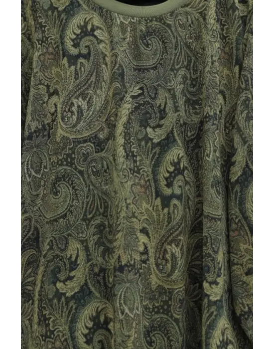 Etnik Desen Eteği Parçalı Astarlı Şifon Elbise    -Haki