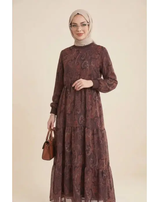 Etnik Desen Eteği Parçalı Astarlı Şifon Elbise  -Mürdüm