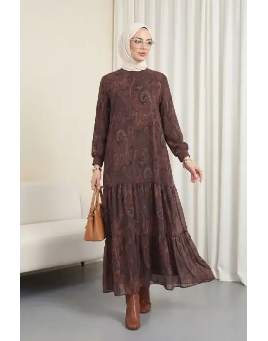 Etnik Desen Eteği Parçalı Astarlı Şifon Elbise  -Mürdüm