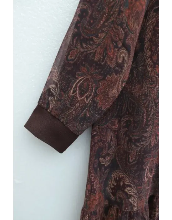 Etnik Desen Eteği Parçalı Astarlı Şifon Elbise  -Mürdüm