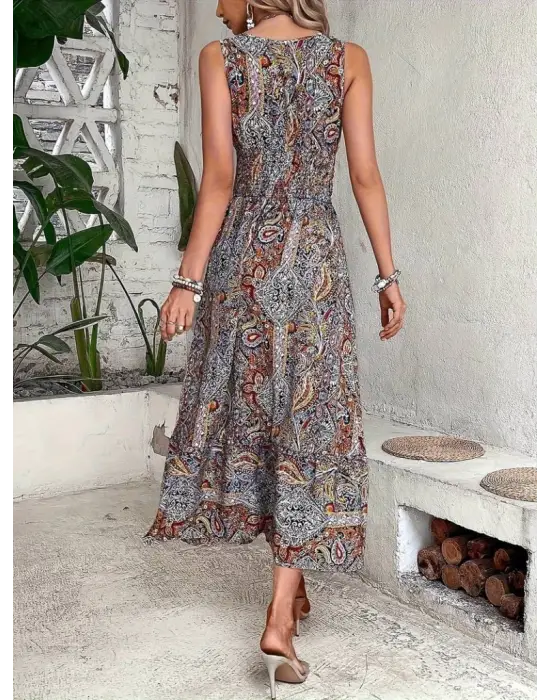 Omarı Etnik Desenli Kadın Beli Gipeli Elbise