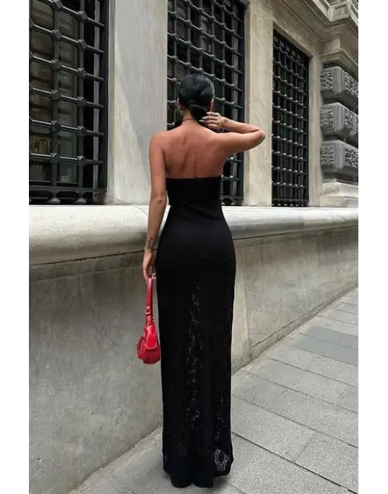 Omarı Zarif Ajurlu Straplez Elbise