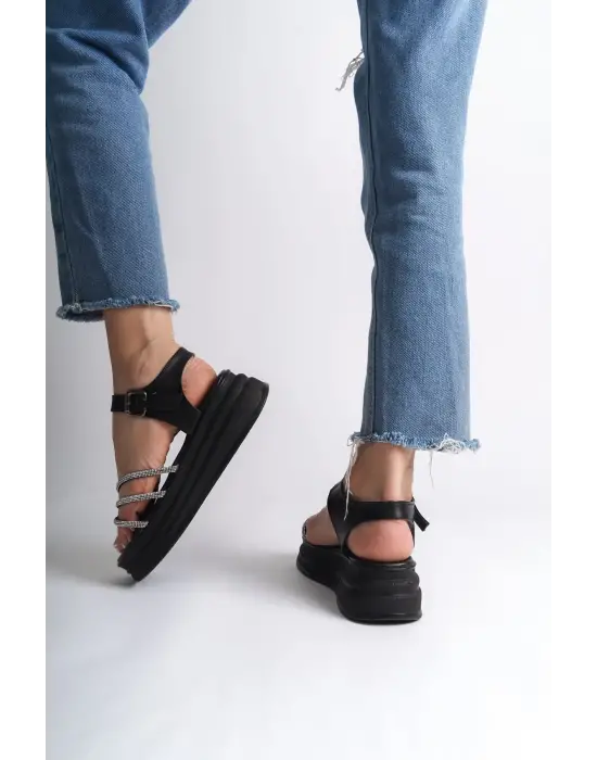 EVA Kalın Tokalı Taşlı Şeritli Rahat tabanlı ayakkabı Tabaan Bayan Sandalet  CGünlük Şık - Siyah