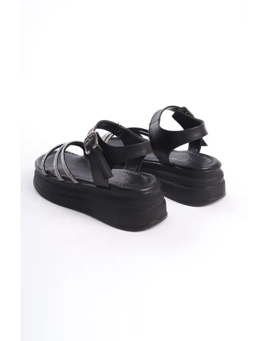 EVA Kalın Tokalı Taşlı Şeritli Rahat tabanlı ayakkabı Tabaan Bayan Sandalet  CGünlük Şık - Siyah