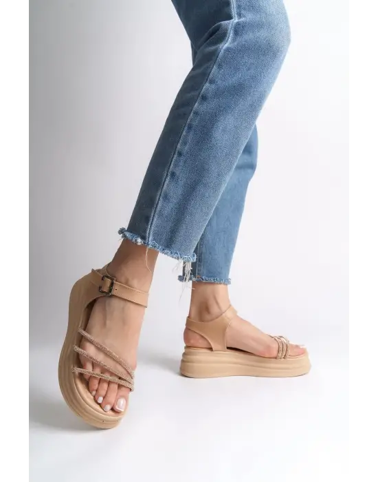 EVA Kalın Tokalı Taşlı Şeritli Rahat tabanlı ayakkabı Tabaan Bayan Sandalet  CTT - Ten