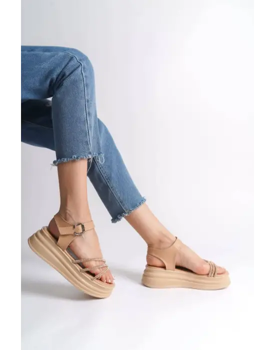 EVA Kalın Tokalı Taşlı Şeritli Rahat tabanlı ayakkabı Tabaan Bayan Sandalet  CTT - Ten