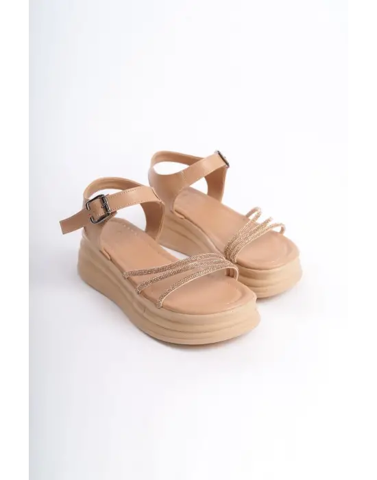 EVA Kalın Tokalı Taşlı Şeritli Rahat tabanlı ayakkabı Tabaan Bayan Sandalet  CTT - Ten