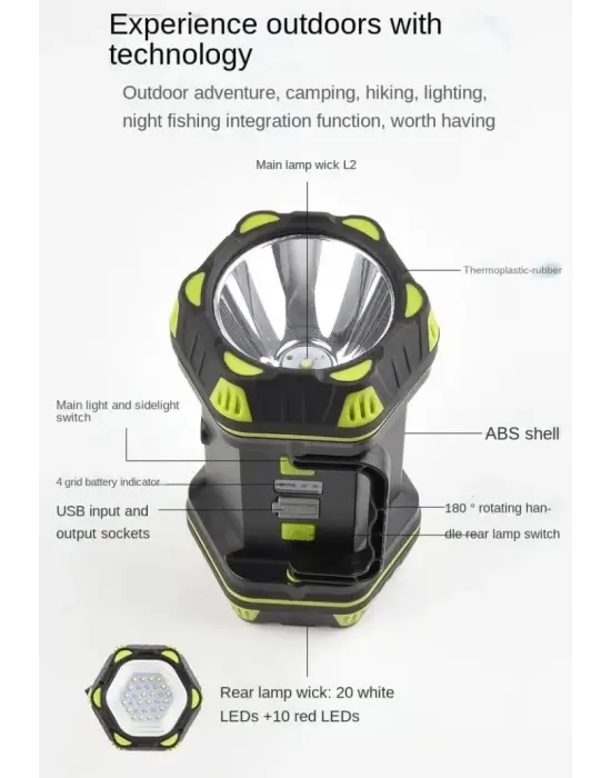 F-262 Yeni Güçlü Çift Taraflı Taşınabilir Spot Ve Işıldak Usb Powerbank Şarjlı Fener