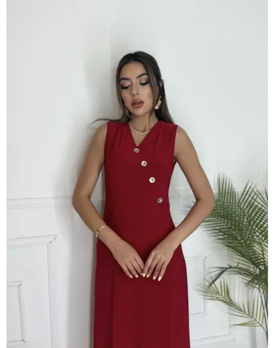 Omarı Siyah Düğme Detaylı Şık Maxi Elbise