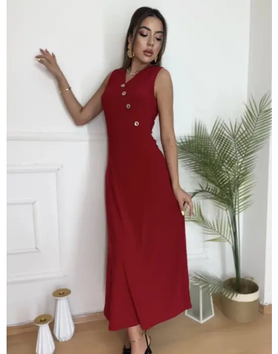 Omarı Siyah Düğme Detaylı Şık Maxi Elbise