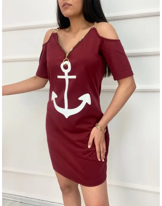 Omarı Çıpa Baskılı Fermuar Detaylı Elbise - Bordo