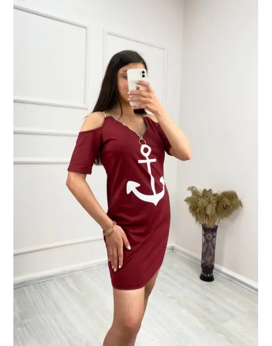 Omarı Çıpa Baskılı Fermuar Detaylı Elbise - Bordo
