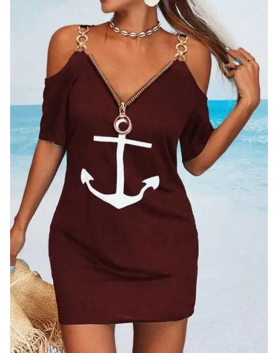 Omarı Çıpa Baskılı Fermuar Detaylı Elbise - Bordo