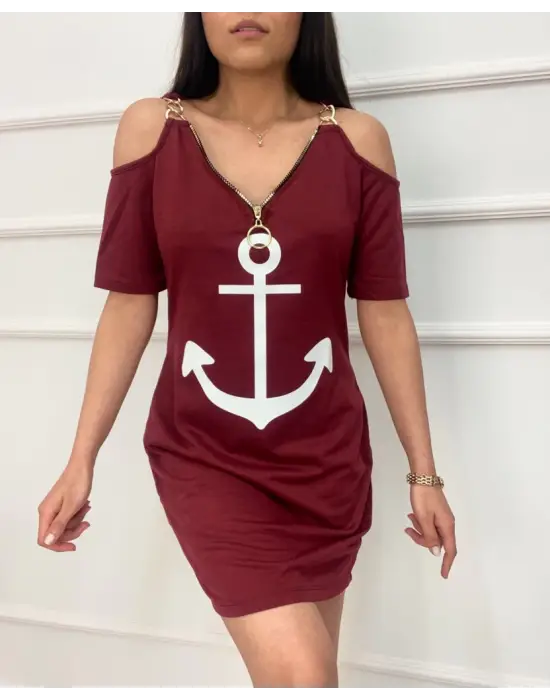 Omarı Çıpa Baskılı Fermuar Detaylı Elbise - Bordo