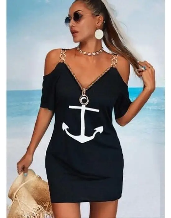 Fermuar Detay çıpa Baskılı Zincir Askılı Viskon Elbise