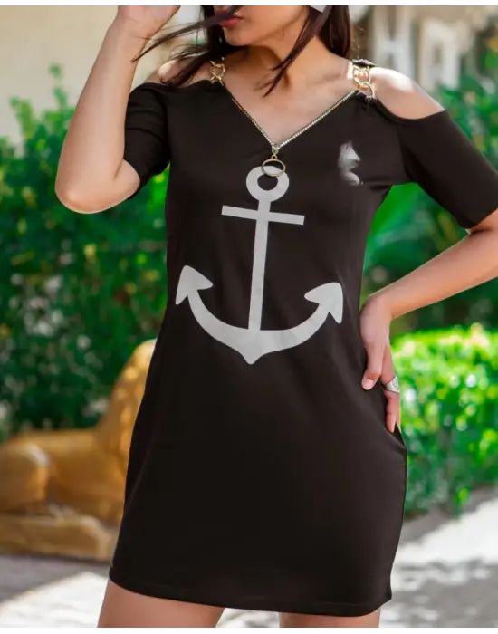 Fermuar Detay çıpa Baskılı Zincir Askılı Viskon Elbise