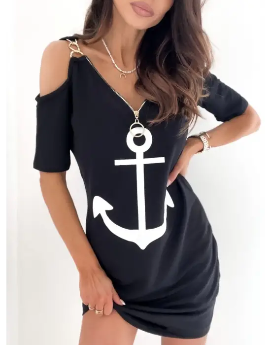 Fermuar Detay çıpa Baskılı Zincir Askılı Viskon Elbise